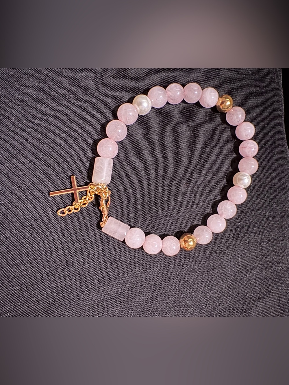 Pink Beaded Cross Bracelet - Gold Accent